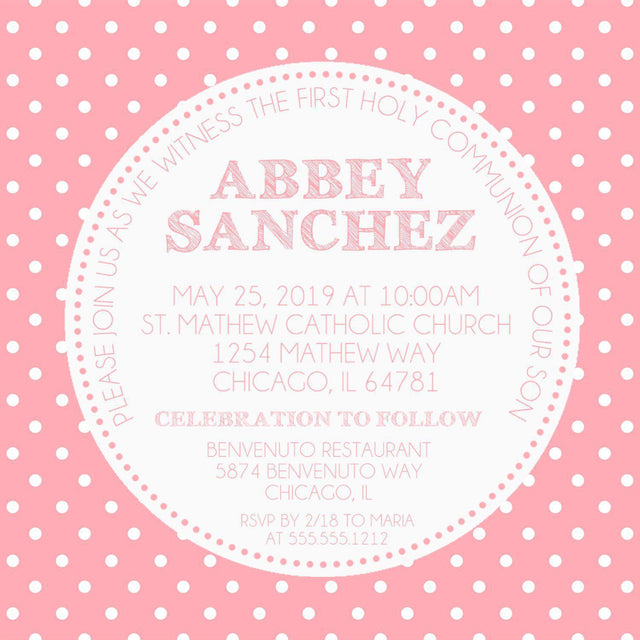 Pink Polka Dot First Communion Invitations