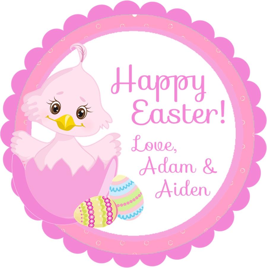 Pink Easter chick sticker with chick in cracked egg and pastel eggs