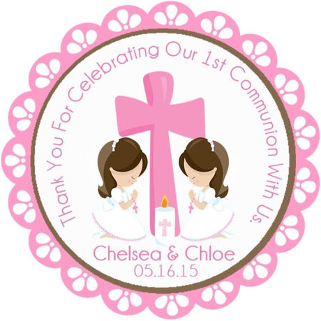 Pink First Communion sticker for twin girls