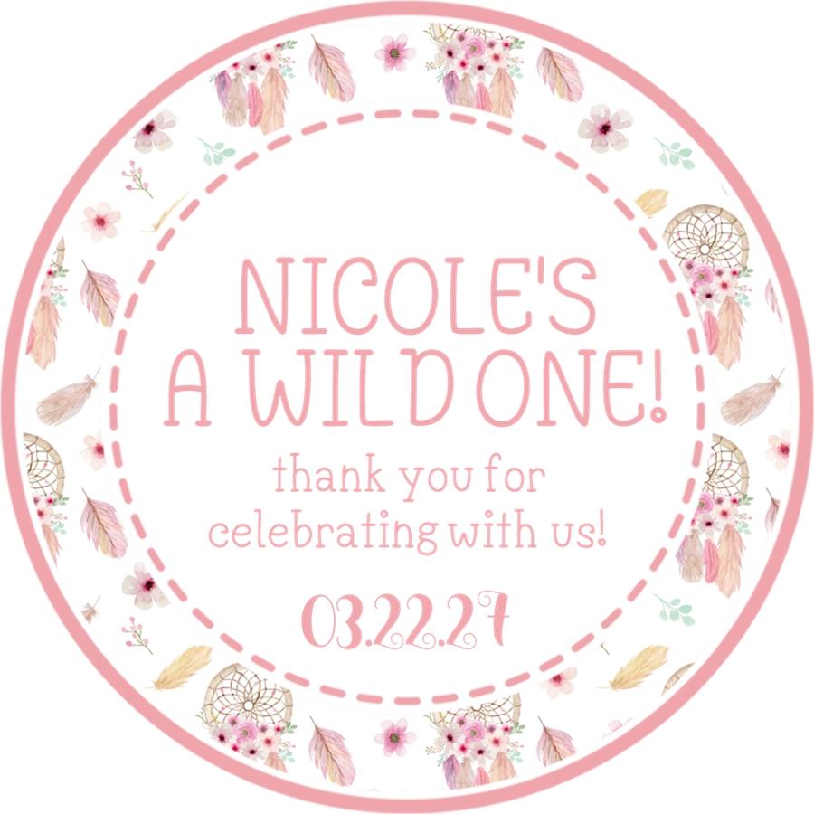 Pink Wild One first birthday sticker with dreamcatchers