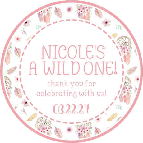 Pink Wild One first birthday sticker with dreamcatchers