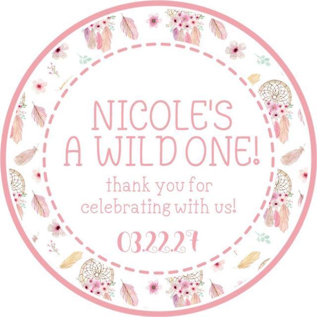Pink Wild One first birthday sticker with dreamcatchers