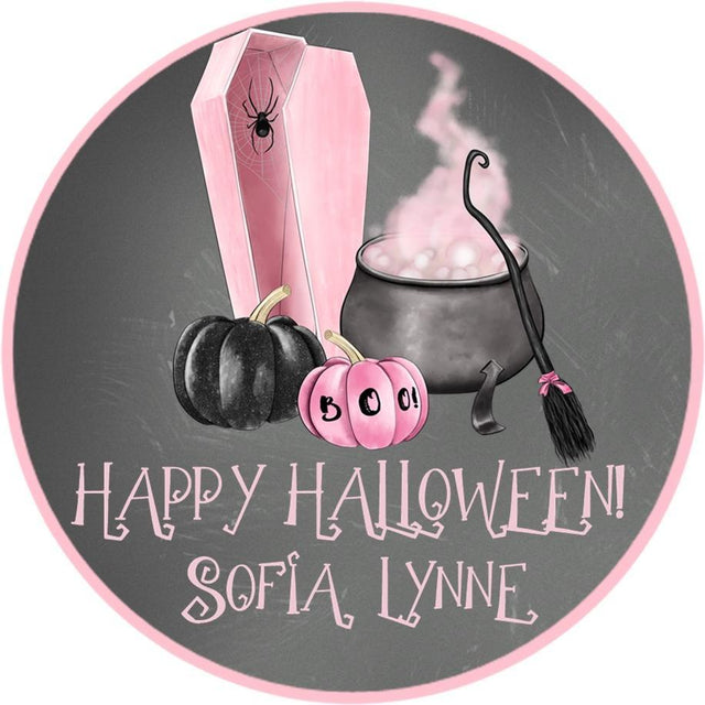 Pink and black Halloween sticker with cute witch and festive accents