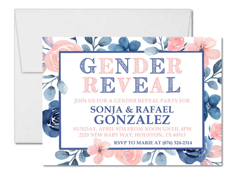 Pink and blue framed gender reveal invitation with watercolor florals