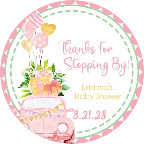 Pink and gold drive-by baby shower sticker with watercolor car and balloons