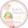 Pink and gold drive-by baby shower sticker with watercolor car and balloons