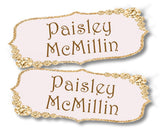 Pink and gold school name sticker for notebooks