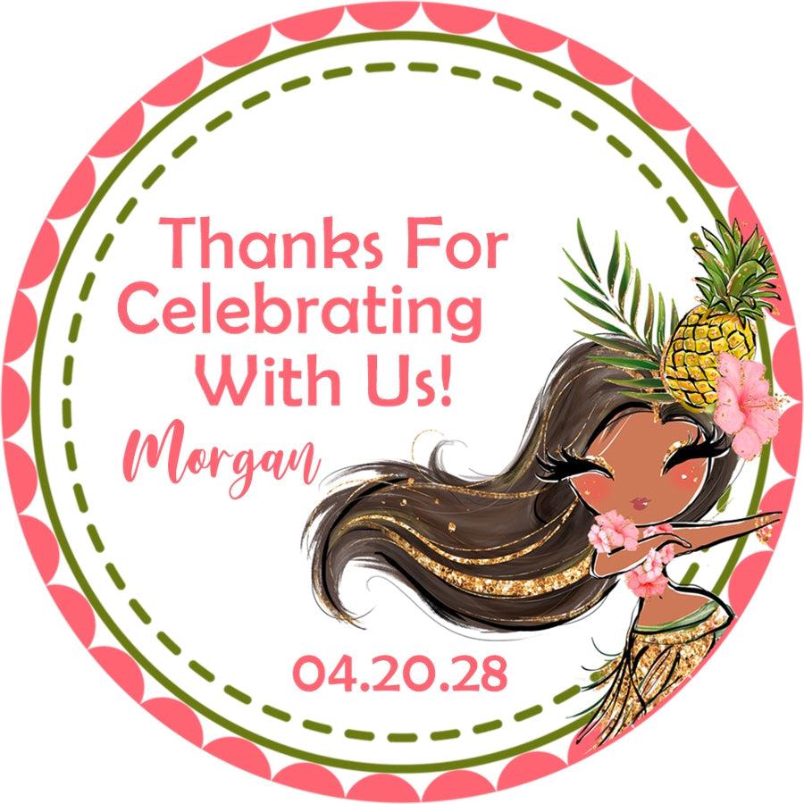 Pink and green Hawaiian party favor sticker with tropical flowers