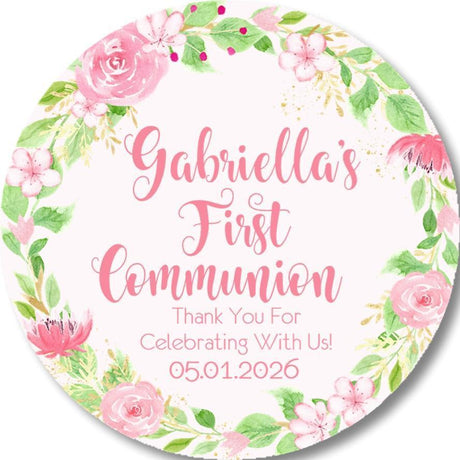 Pink and green floral First Communion sticker design