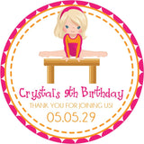 Pink and orange gymnastics birthday sticker with girl on balance beam