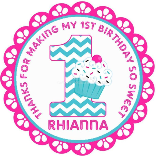 Pink and teal cupcake 1st birthday label