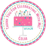 Pink and turquoise birthday cake sticker with stars