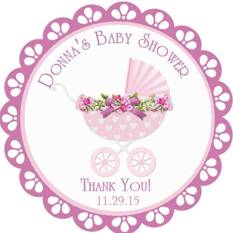 Pink baby carriage baby shower sticker with floral accents
