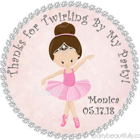 Pink ballerina birthday sticker with brown-haired dancer