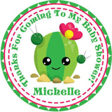 Pink cactus baby shower stickers with flower accent