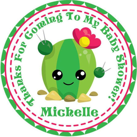 Pink cactus baby shower stickers with flower accent