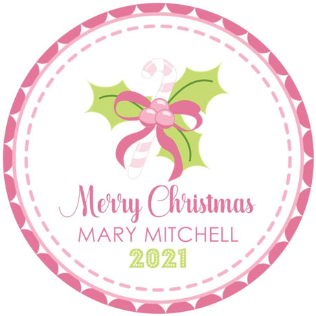 Pink candy cane Christmas sticker with bow design