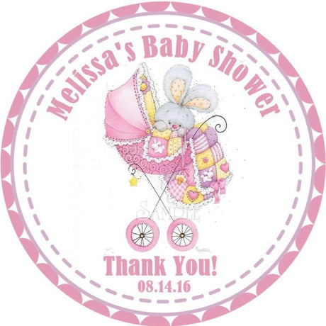 Pink carriage sticker for baby girl shower favors
