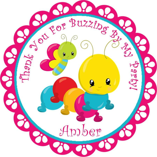 Pink caterpillar and butterfly birthday sticker for girls