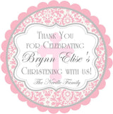 Pink damask baptism sticker with decorative cross design