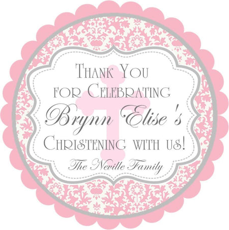 Pink damask baptism sticker with decorative cross design