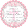 Pink damask baptism sticker with decorative cross design