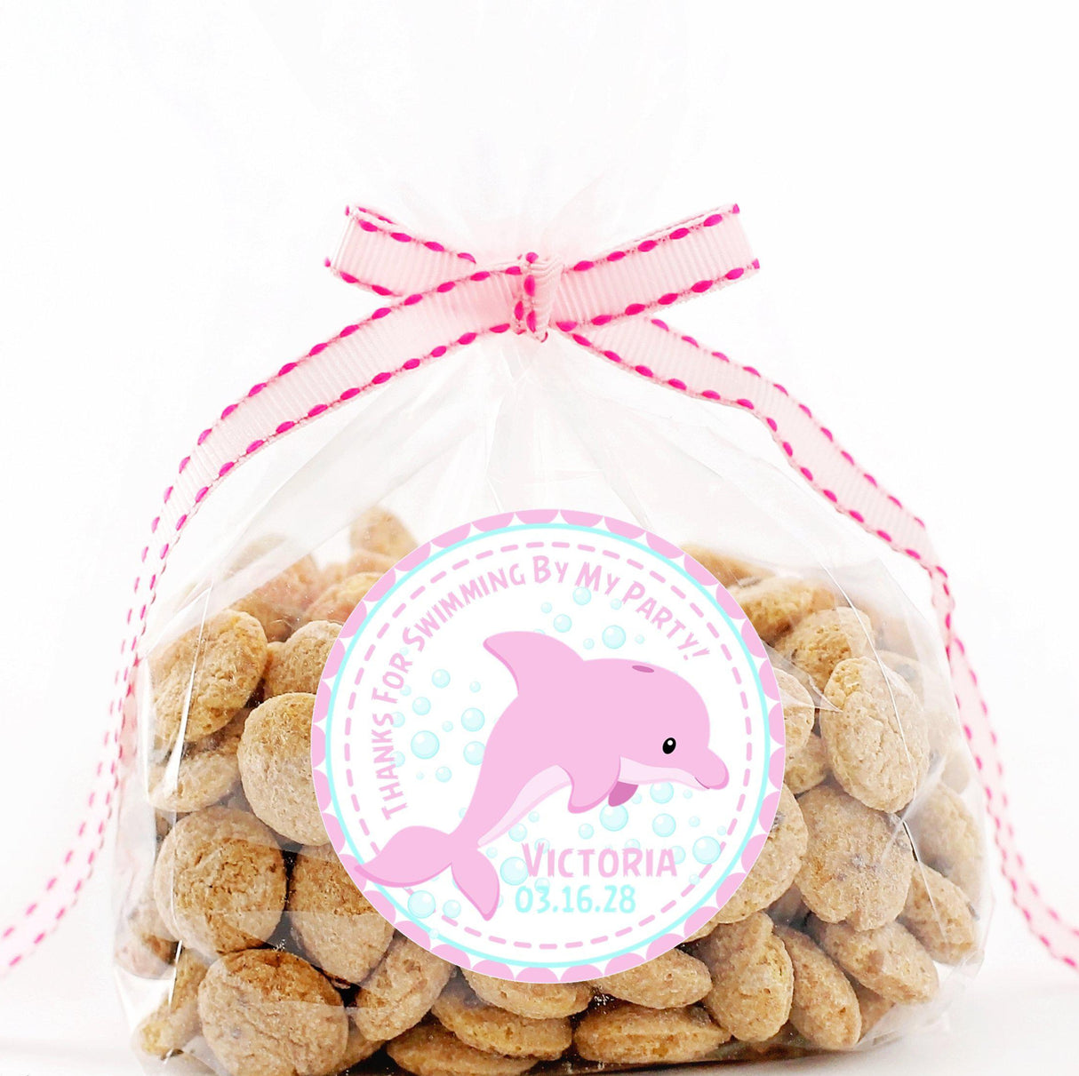 Pink dolphin ocean party favor label