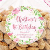 Pink floral 1st birthday sticker with custom name
