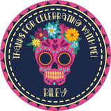 Pink floral sugar skull birthday sticker with personalized text