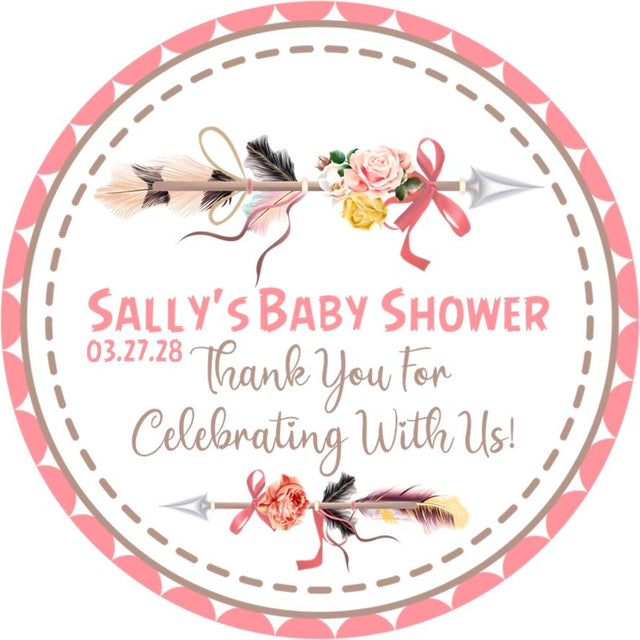 Pink floral tribal arrow baby shower sticker with watercolor flowers