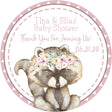 Pink floral woodland raccoon baby shower stickers.