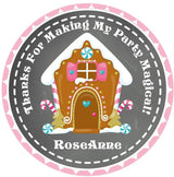 Pink gingerbread house birthday sticker for girls