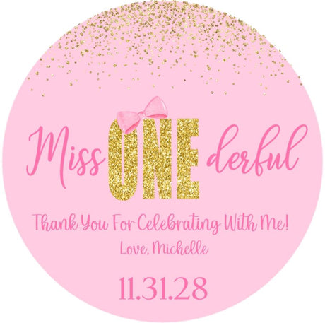 Pink girly first birthday favor label