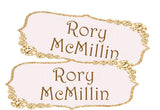 Pink gold diamond back to school name label on notebook
