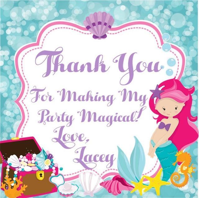 Pink hair mermaid birthday sticker with treasure chest and bubbles
