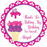 Pink ice cream cone party favor label with scalloped border