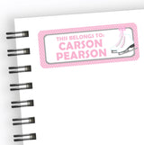 Pink ice skating back to school name labels with ice skate illustration