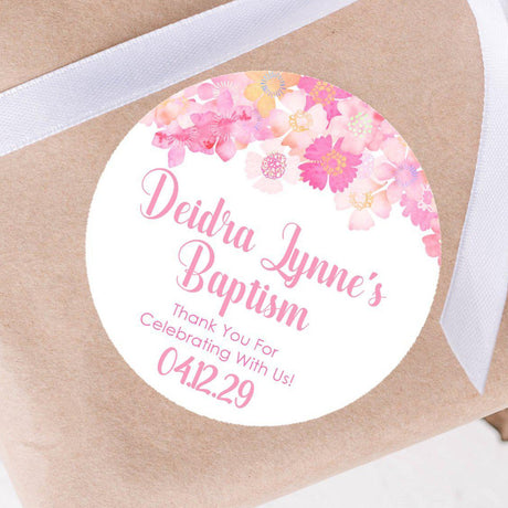 Pink peach watercolor floral baptism sticker