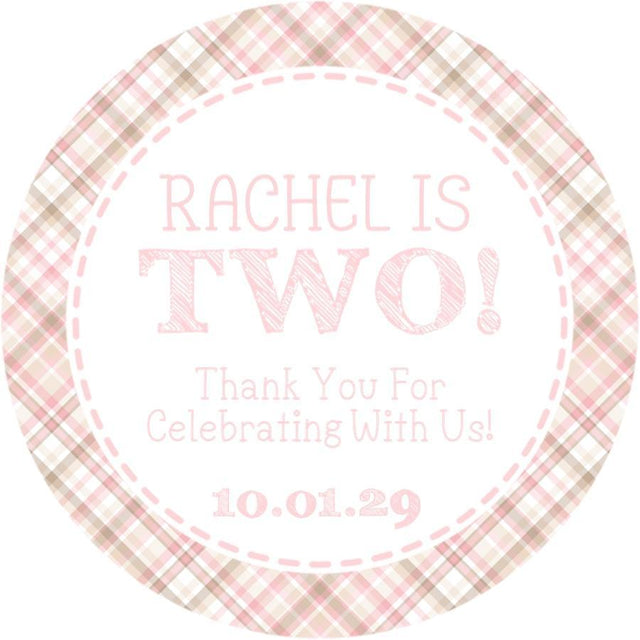 Pink plaid birthday sticker with personalized name