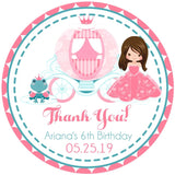 Pink princess carriage birthday sticker with customizable princess character