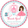 Pink princess carriage birthday sticker with customizable princess character
