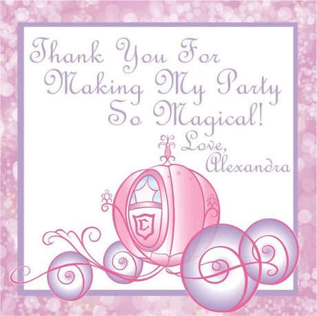 Pink princess carriage birthday sticker with personalized text