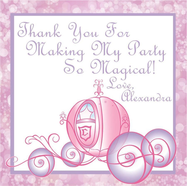 Pink princess carriage birthday sticker with personalized text
