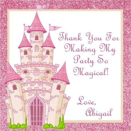 Pink princess castle birthday sticker with personalized text