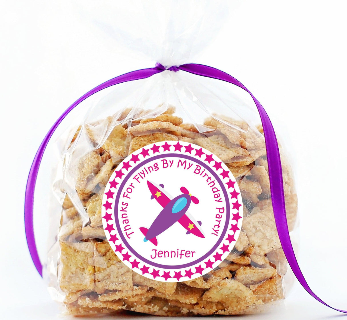 Pink purple airplane birthday treat sticker label