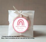 Pink rainbow party favor label for girls’ birthday