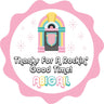 Pink retro jukebox birthday sticker with scalloped edge