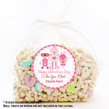 Pink robot classroom Valentine sticker for school treat bags and favors