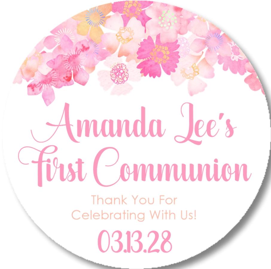 Pink watercolor floral First Communion sticker design