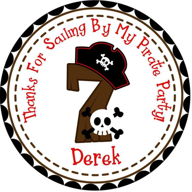 Pirate birthday sticker with pirate hat and skull design